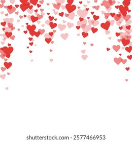 Valentine hearts, flying, falling down, floating.  Red hearts scattered on white background. Lovable valentine hearts vector illustration.