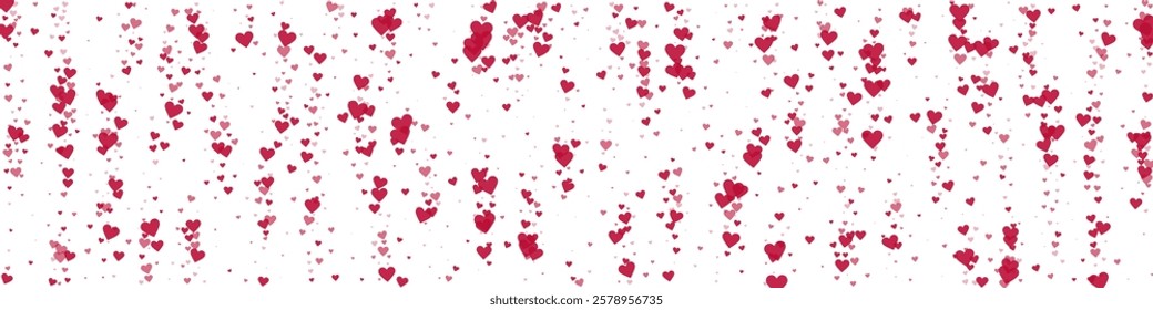 Valentine hearts, flying, falling down, floating.  Red hearts scattered on white background. Lovable valentine hearts vector illustration.