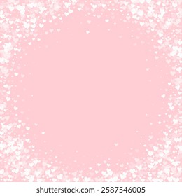 Valentine hearts, flying, falling down, floating.  White hearts scattered on pink background. Lovable valentine hearts vector illustration.