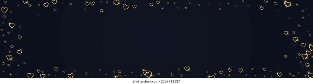 Valentine hearts, flying, falling down, floating.  Gold hearts scattered on black background. Lovable valentine hearts vector illustration.