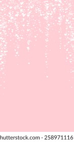 Valentine hearts, flying, falling down, floating.  White hearts scattered on pink background. Lovable valentine hearts vector illustration.