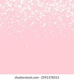 Valentine hearts, flying, falling down, floating.  White hearts scattered on pink background. Lovable valentine hearts vector illustration.