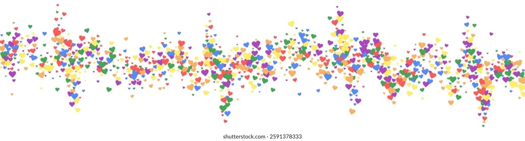 Valentine hearts, flying, falling down, floating.  Rainbow colored scattered hearts. LGBT valentine card.  Lovable valentine hearts vector illustration.