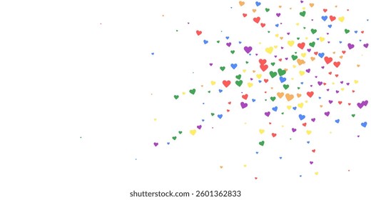 Valentine hearts, flying, falling down, floating.  Rainbow colored scattered hearts. LGBT valentine card.  Lovable valentine hearts vector illustration.