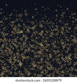 Valentine hearts, flying, falling down, floating.  Gold hearts scattered on black background. Lovable valentine hearts vector illustration.