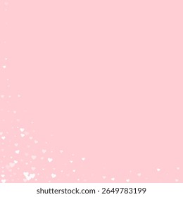 Valentinusherzen, fliegen, herunterfallen, schwimmen.  Weiße Herzen auf rosafarbenem Hintergrund. Liebenswerte Valentinherzen, Vektorgrafik.