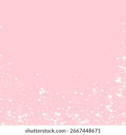 Corazones de San Valentín, volando, cayendo, flotando.  Corazones blancos dispersos sobre fondo rosa. Amable Ilustración vectorial de corazones de San Valentín.