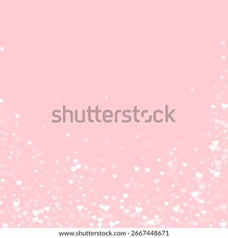 Valentine hearts, flying, falling down, floating.  White hearts scattered on pink background. Lovable valentine hearts vector illustration.