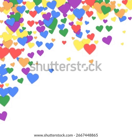 Valentine hearts, flying, falling down, floating.  Rainbow colored scattered hearts. LGBT valentine card.  Lovable valentine hearts vector illustration.
