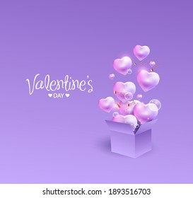 Valentine hearts with gift box greeting card. Flying pink balloons on purple background. Vector Love symbols in heart shape for Happy Mother, Valentine's Day, Birthday greeting card design