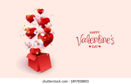 Valentine hearts with gift box greeting card. Foil of flying elements on a light background. Vector Heart Shaped Love Symbols for Happy Women, Mother, Valentine's Day, Birthday Greeting Card design
