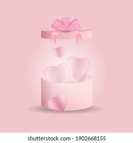 Valentine hearts with gift box greeting card. Paper flying elements on a pink background. Vector love symbols in the shape of a heart.
