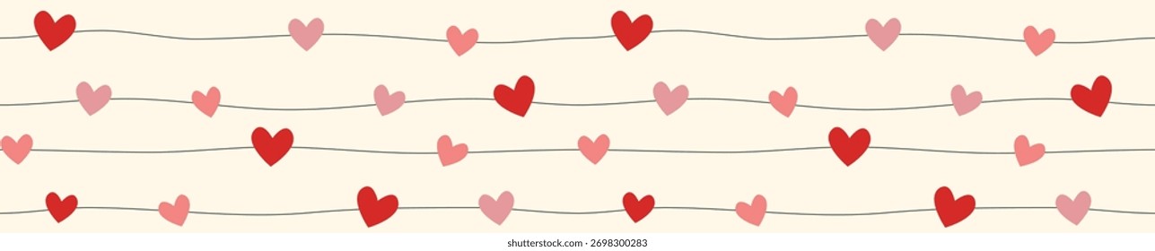 Patrón Horizontal de la frontera de los corazones de San Valentín con las líneas románticas rosadas y rojas – diseño inconsútil mínimo lindo para las tarjetas, el envoltorio y los proyectos digitales