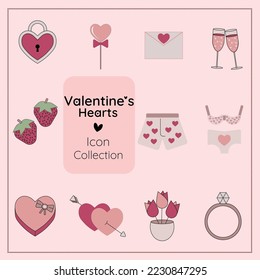 Valentine Hearts Icon collection, outlined set, including lock, balloon, letter, champagne flutes, strawberries, underwear, chocolate box, flowers, ring

