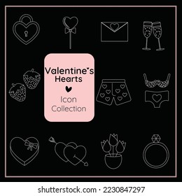 Valentine Hearts Icon collection, outlined set, including lock, balloon, letter, champagne flutes, strawberries, underwear, chocolate box, flowers, ring
