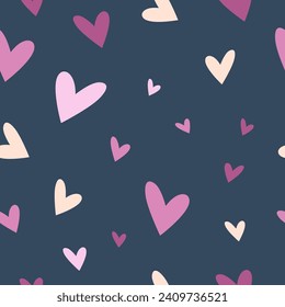 Valentine hearts, many small and big pink and purple  hearts on gray background, cute vector design, eps seamless pattern.