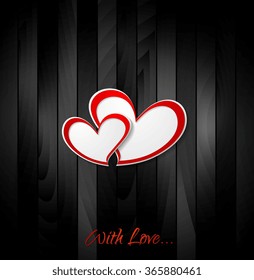 Valentine hearts on black wooden texture background. Vector illustration for greeting cards, flyers, brochure, web graphic design