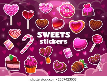 Valentine hearts, pink candy sweets and lollipop stickers pack, cartoon vector. Valentine day or love holiday desserts and cookies, chocolate candy hearts and donut with sprinkles, cake and cupcake