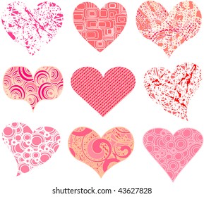 Valentine hearts in retro and grunge patterns vector