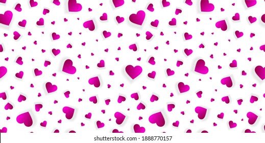 Valentine hearts seamless background, vector love pattern, texture with 3d pink petals or confetti on white. Romantic banner or poster template, wedding invitation with hearts messy scattered splash