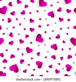 Corazón de San Valentín fondo sin fisuras, patrón de amor vectorial. Pancarta romántica plantilla abstracta, invitación de boda con corazones desordenados textura salpicada de salpicaduras con pétalos rosados 3d o confetti en blanco