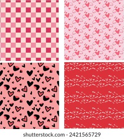 Valentine hearts seamless pattern set, leopard heart, checkered pattern, Decorative wallpaper.