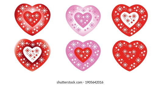 Valentine hearts with snowflakes. Set of elements for your Valentine`s Day Design.