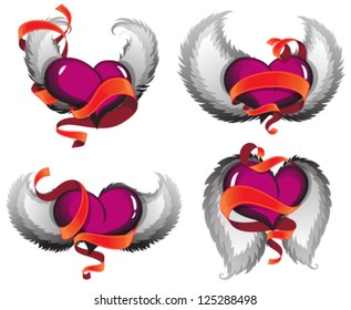 Valentine hearts with wings and ribbons on a white background. Valentine's Day icons