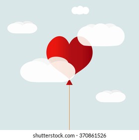 Valentine Heart-shaped Baloon In A Blue Sky With Clouds. Vector Background