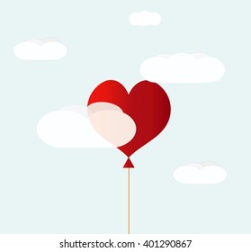 Valentine Heart-shaped Baloon In A Blue Sky With Clouds. Vector Background