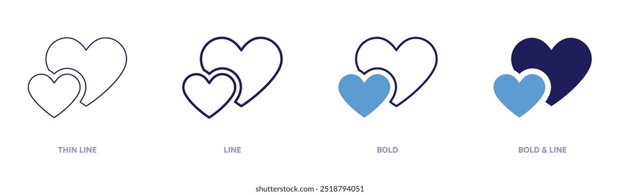 Valentine heartshaped icon in 4 different styles. Thin Line, Line, Bold, and Bold Line. Duotone style. Editable stroke.