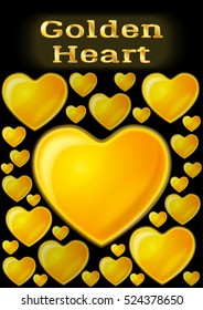 Valentine Holiday Background with Big and Small Shining Golden Hearts, Love Symbols on Black Background. Eps10, Contains Transparencies. Vector