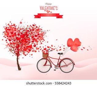 Valentine holiday background with heart shaped tree and bicycle with red balloons. Vector.