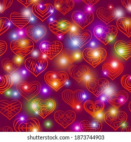Valentine Holiday Seamless Background with Hearts Contours and Stars, Tile Pattern. Vector