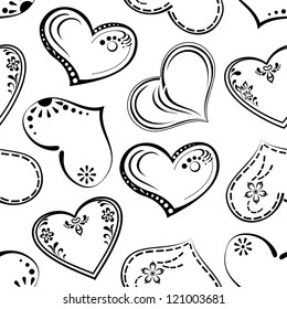 Valentine holiday seamless with hearts, abstract background pattern, symbol of love, black contour on white. Vector
