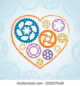 Valentine holiday template for banner, postcard and web decoration. Colorful vector silhouette gears and cogs in heart shape grunge frame. Love symbol with violet and blue color in trendy style.