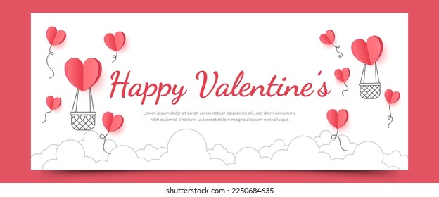 Valentine horizontal banner design. Love hot air balloon with clouds line illustration