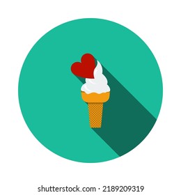 Valentine Icecream With Heart Icon. Flat Circle Stencil Design With Long Shadow. Vector Illustration.