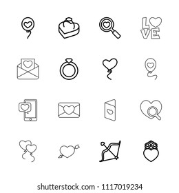 Valentine icon. collection of 16 valentine outline icons such as ring, heart search, heart balloons, bow, ring in box. editable valentine icons for web and mobile.