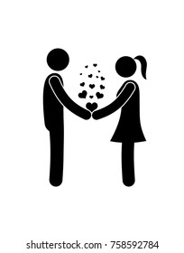 valentine icon, couple man and woman, loving people holding hands, stick figure isolated pictograms, hearts