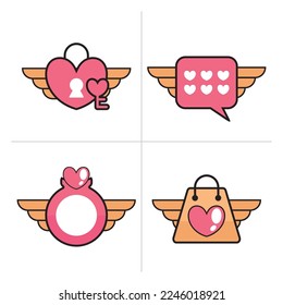 Valentine icon heart with wings illustration, Happy Valentine's Day, love padlock, message, ring, bag