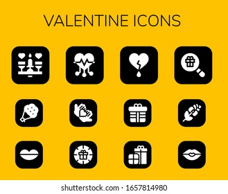 valentine icon set. 12 filled valentine icons. Included Dating, Bouquet, Lips, Heart, Love, Gift, Presents, Rose, Kiss icons
