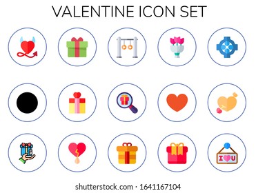 valentine icon set. 15 flat valentine icons. Included heart, gift, rings, bouquet, hug, cupid, i love you icons