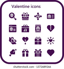 valentine icon set. 16 filled valentine icons.  Collection Of - Gift, Hug, Gift card, Present, Heart, Love