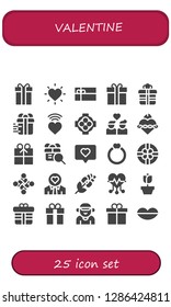  valentine icon set. 25 filled valentine icons. Simple modern icons about  - Gift, Love, Gift card, Gift box, Hug, Couple, Sacred heart, Ring, Rose, Heart, Boyfriend, Present