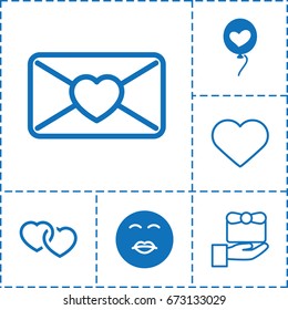 Valentine icon. set of 6 valentine filled and outline icons such as kiss emot, heart baloons, heart, love letter