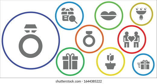 valentine icon set. 9 filled valentine icons. Included Ring, Gift, Lips, Gift box, Rose, Couple, Bouquet icons