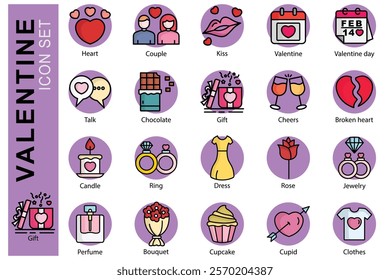 Valentine icon set. colored outline icon style. containing icon heart, gift, bouquet, and more. valentine day element vector illustration