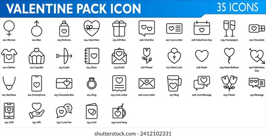 Conjunto de iconos de San Valentín. Consta de ropa, perfume, carta de amor, anillo, caja de chocolate, collar, quequitos, cupido, diario, flor, candado de corazón, chat, caja de regalo y caja de corazón. Colección de estilos de esquema