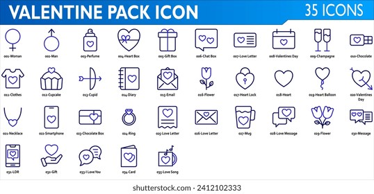 Valentine icon set. Containing clothes, perfume, love letter, ring, chocolate box, necklace, cupcake, cupid, diary, flower, heart lock, chat box, gift box and heart box. Outline color syle collection